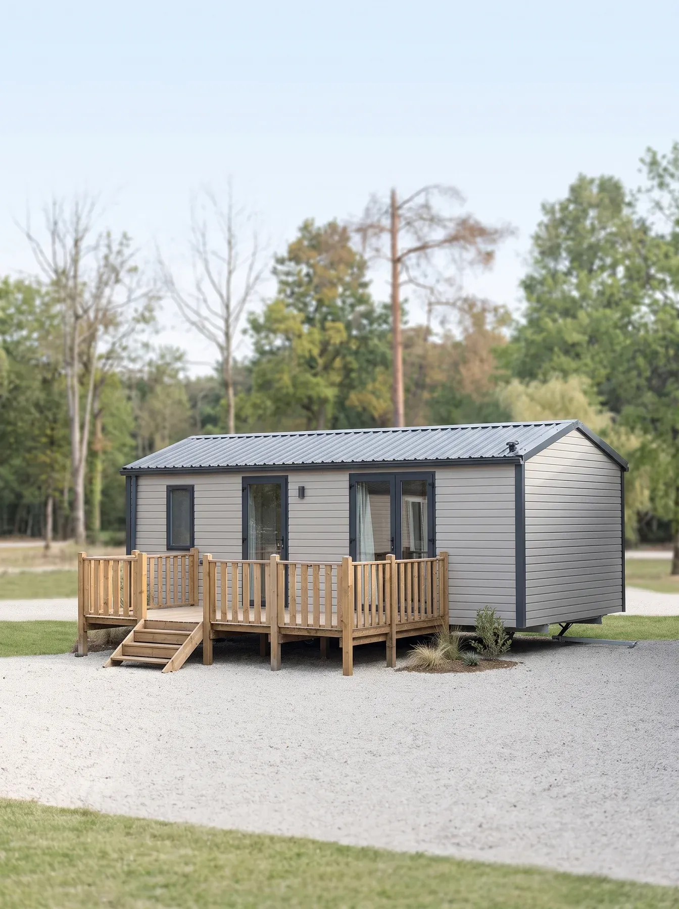 Mobil-home NEST 29.2 — Le NEST 29.2 sur sa parcelle, façade et terrasse bois avec son escalier