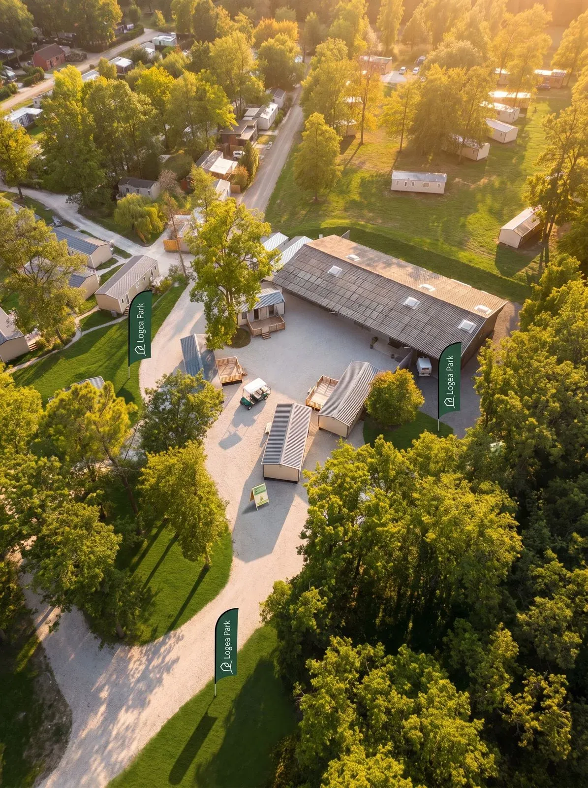 Vue aérienne d’un parc en fin de journée : mobil-homes sur leurs parcelles, allées bordées d’arbres et bâtiment d’accueil